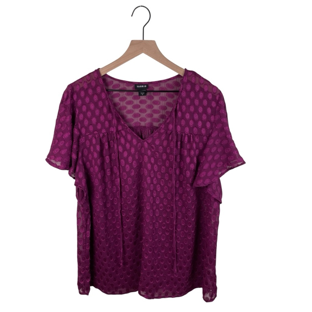 Torrid Berry Sheer Swiss Dot Stitch Flutter Sleeve Chiffon Top Plus Size 1X